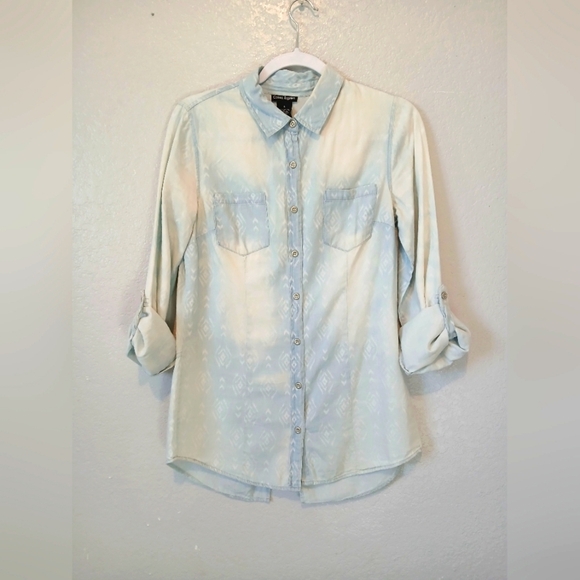 💚5/$25 Cotton Express Denim Long Sleeve Chambray Button Up Shirt Roll Tab - Picture 1 of 6
